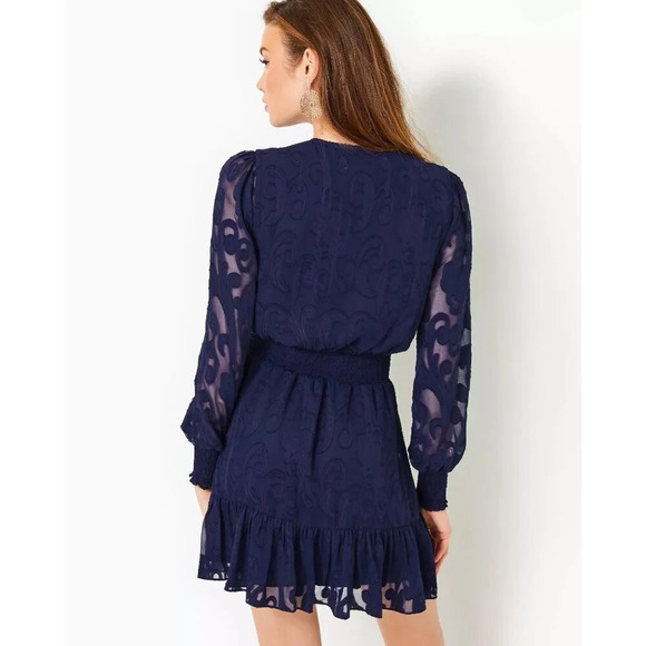Lilly Pulitzer Dress Navy Blue Lace Size M Long Sleeve V-Neck Knee Length - Picture 5 of 5